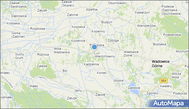 mapa Wierzchowiny, Wierzchowiny gmina Wadowice Górne na mapie Targeo